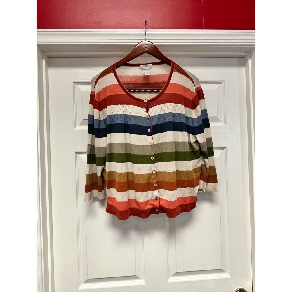 Orvis Fall Stripe Smocked Silk Blend Cardigan Sweater sz XL EUC